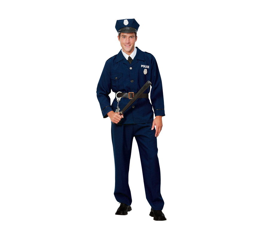 Disfraz de Policía para hombre adulto. Talla Standar M-L = 52/54. Incluye chaqueta, pantalón, cinturón y gorra. Porra y esposas NO incluidos, podrás verlo en la sección de Complementos.