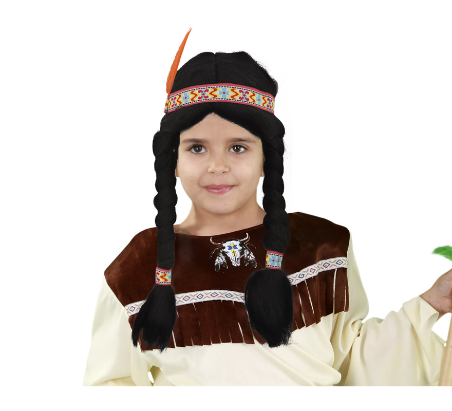 Peluca India infantil con trenzas y pluma para Carnaval. Talla universal de niños.