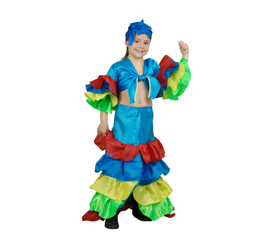 Disfraz de Rumbera azul infantil para Carnaval. Talla de 3 a 4 años. Incluye falda, camisa y pañuelo.
