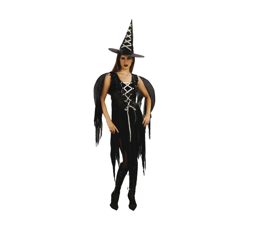 Disfraz de Bruja negra con alas adulta para Halloween. Talla 
Standar M-L = 38/42. Incluye sombrero, vestido y alas. Éste disfraz de Halloween es ideal para celebrar la Fiesta de la Noche de las Brujas cada vez más arraigada en nuestro País en Pub's, Discotecas, Casas particulares,  Restaurantes o Colegios y ayudar a crear un ambiente terrorífico y tenebroso indispensable para la Noche de Halloween la cual se celebra la víspera de Todos los Santos.
¡¡Compra tu disfraz para Halloween en nuestra tienda de disfraces, será divertido!!