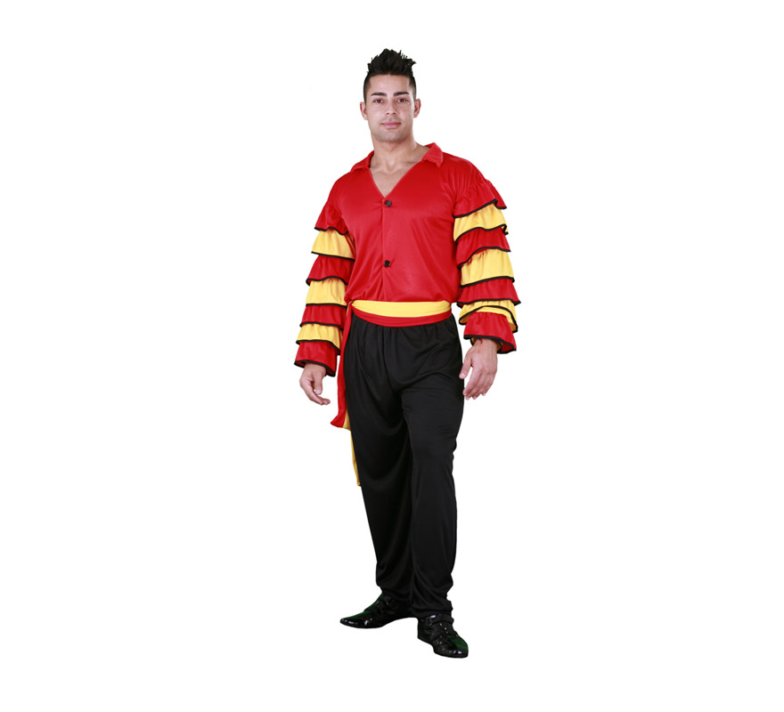 Disfraz de Bailaor Flamenco. Disfraz de Sevillano. Disfraz de Rumbero. Talla única de adulto 52/54. Incluye pantalones, camisa y fajín. Disfraz de Caribeño o Rumbero para hombre.