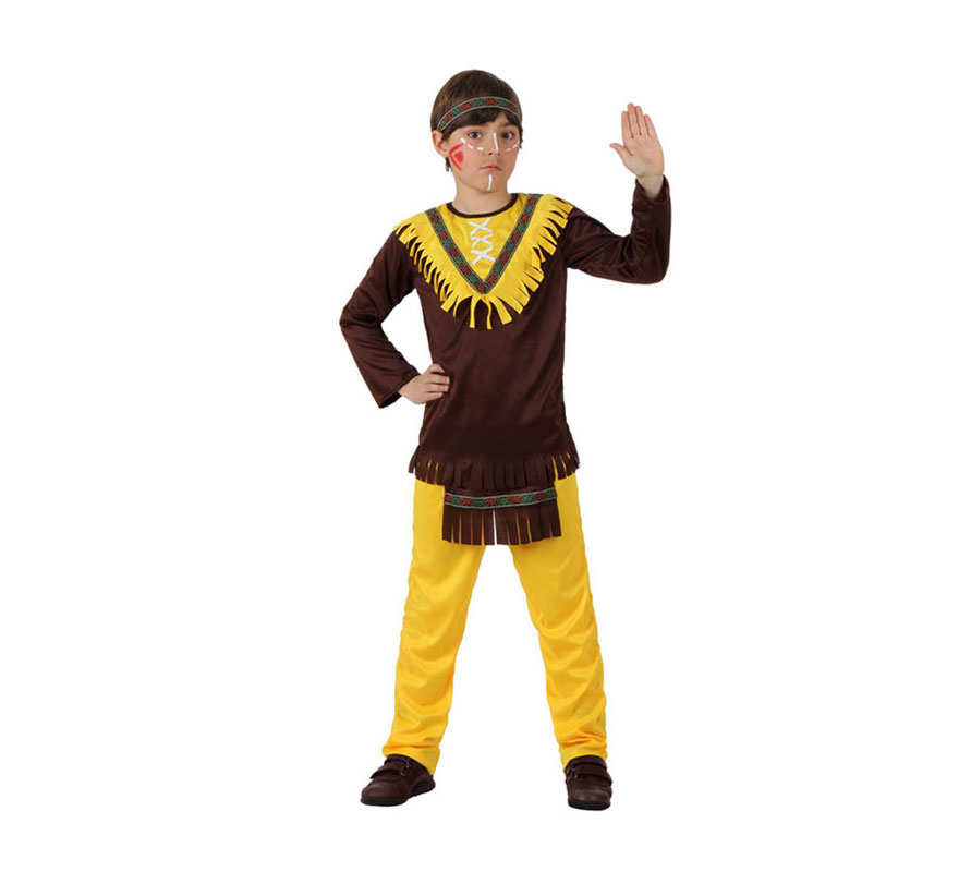 Disfraz de Indio marrón para niños de 7 a 9 años. Incluye pantalón con delantal, camiseta y cinta de la cabeza.