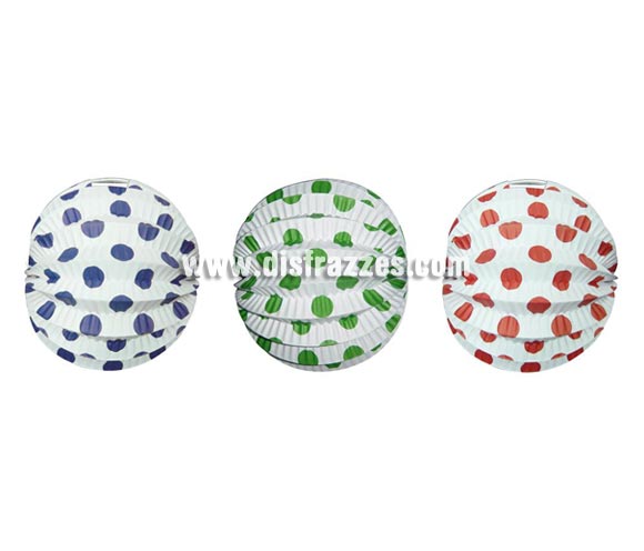 Farol esférico lunares de 22 cm de diámetro. Disponible en 3 colores surtidos. Precio por unidad, se venden por separado.  Ideal para decorar cualquier Fiesta Andaluza, Sevillana o Española. Perfectos para la Feria de Abril.