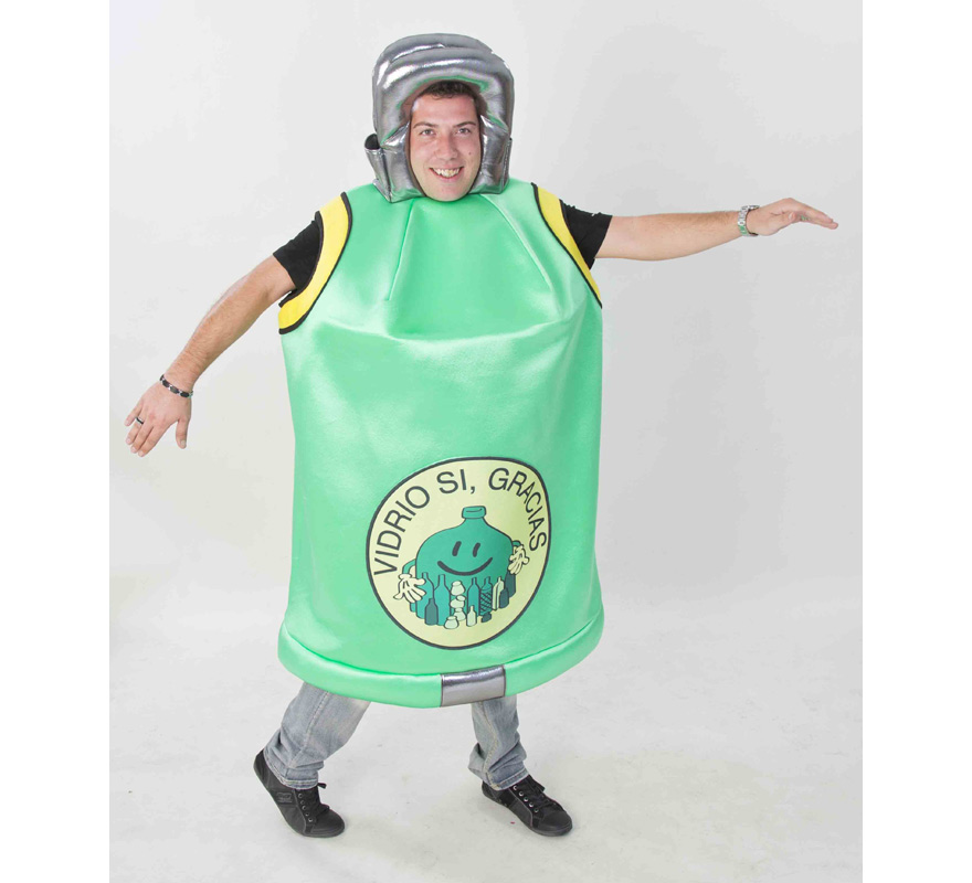 Disfraz de Contenedor de Vidrio para adultos. Disponible en talla única y Universal de adultos. Incluye disfraz completo tal y como sale en la imagen. Fabricado en España. Este traje es muy original y diferente, perfecto para Grupos, Peñas y Comparsas.