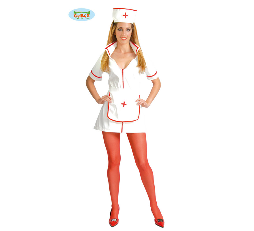 Disfraz de Enfermera Sexy Adulta Económico. Talla única 38/42. Incluye cofia, vestido y delantal.