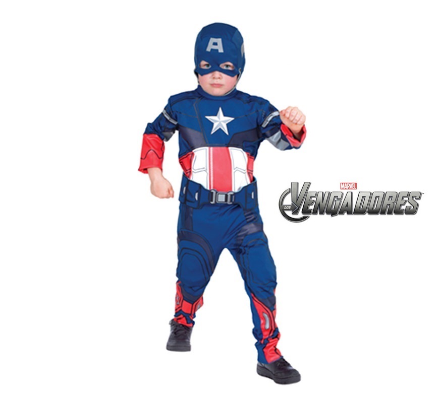 Disfraz de Capitán América Classic para niños de 9 a 10 años. Incluye jumpsuit, gorro con antifaz y cinturón. Disfraz con Licencia MARVEL. Ideal para regalar en Navidad. De la película LOS VENGADORES.