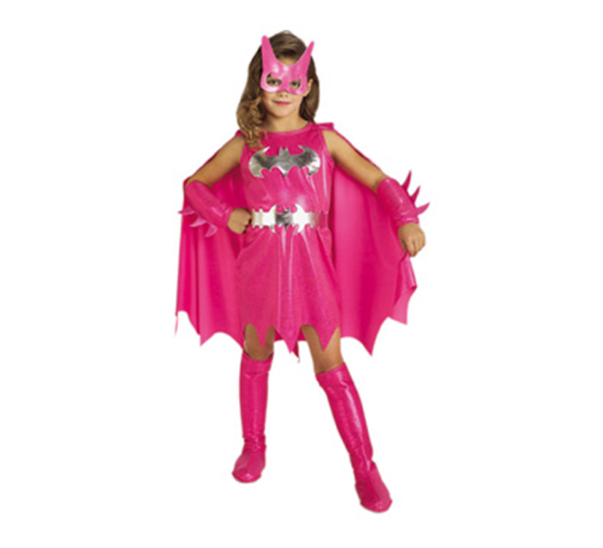 Disfraz de Pink BatGirl para niñas de1 a 2 años. Incluye vestido con capa, cinturón, cubrebotas altas, manguitos y antifaz. Precioso disfraz de la chica de Batman para niñas.