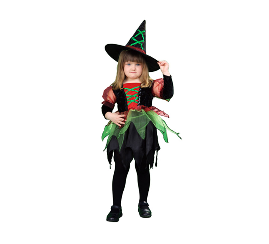 Disfraz de Brujita o Bruja Colores Económico talla de 3 a 4 años. Incluye vestido y sombrero. Escoba NO incluida, podrás verla en la sección de Complementos.