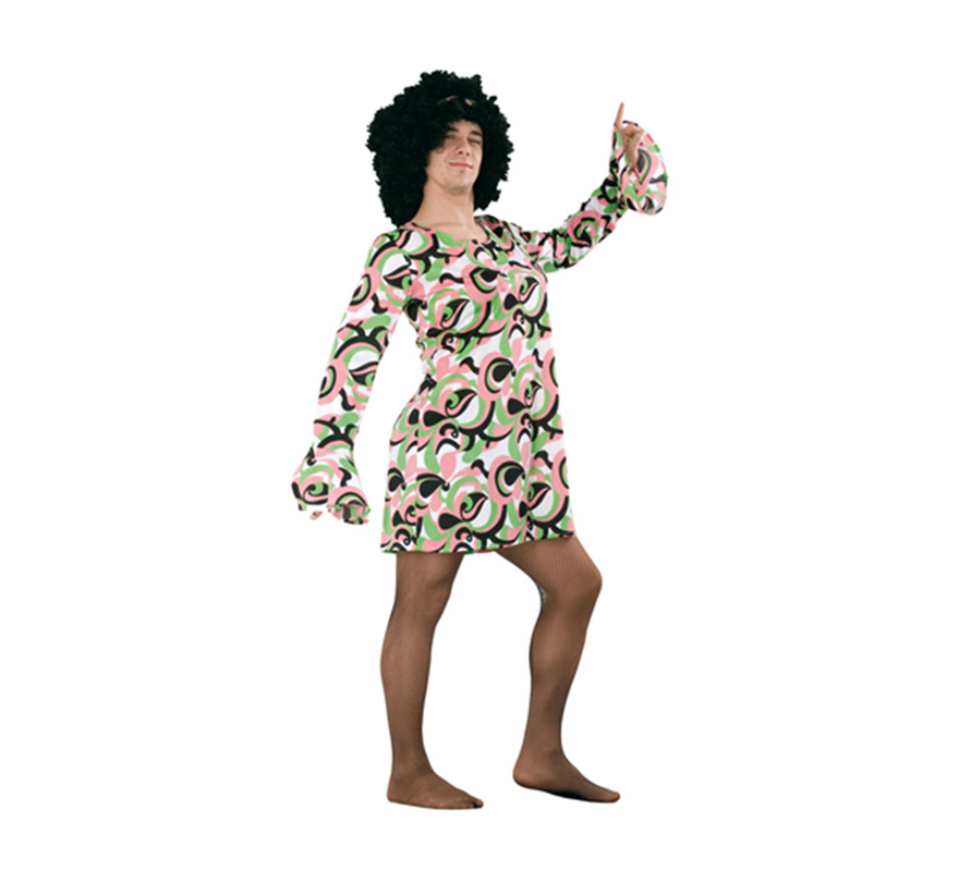 Disfraz o Vestido verde y rosa años 70 para hombre. Talla Standar M-L 52/54. Incluye vestido. Peluca NO incluida, podrás verla en la sección de Complementos. Perfecto y muy cachondo para Despedidas de Soltero o para cualquier ocasión o fiesta.