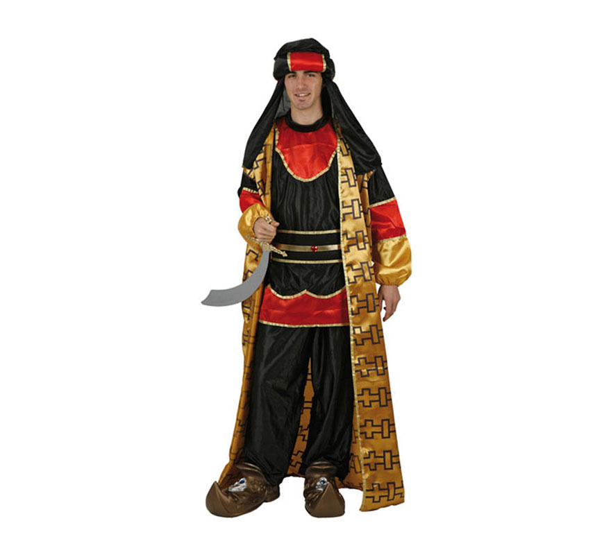Disfraz de Príncipe Árabe para hombre. Talla standard M-L 52/54. Incluye turbante, camiseta, fajín, pantalón y capa. Espada y babuchas NO incluidas, podrás verlas en la sección de Complementos. Disfraz de Paje Real de los Reyes Magos para Navidad.