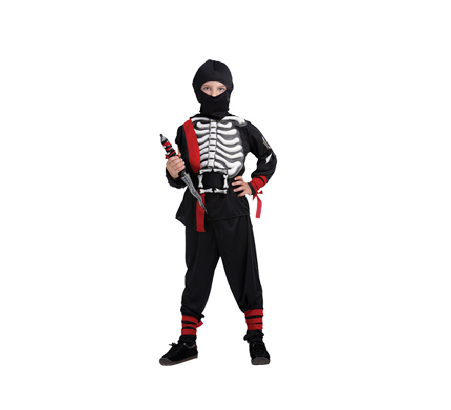 Disfraz de Ninja Esqueleto talla de 4 a 6 años. Incluye camisa, pantalones, máscara, cinturón y guante (sólo del lado derecho). Puñal NO incluido.