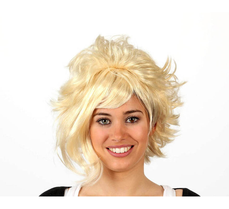 Peluca moderna corta rubia con flequillo.