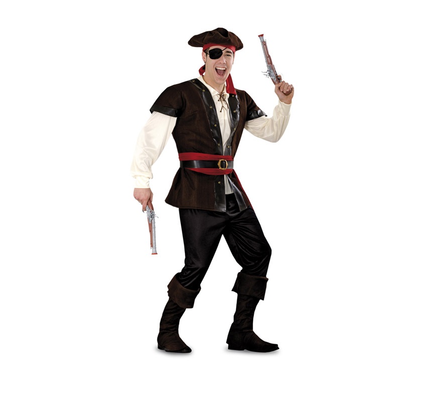 Disfraz de Bucanero para hombre. Talla standar M-L =  52/54. Incluye sombrero con pañuelo, camisa, chaleco, cinturones, pantalón y cubrebotas. Parche y pistolas NO incluidos, podrás verlos en la sección Comlementos.