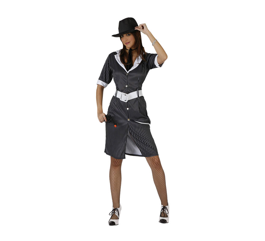 Disfraz barato de Ganster Mafiosa para mujer. Talla 2 ó talla standar M-L = 38/42. Incluye vestido, cinturón y corbata. Sombrero NO incluido, podrás ver sombreros en la sección de Complementos - Sombreros.