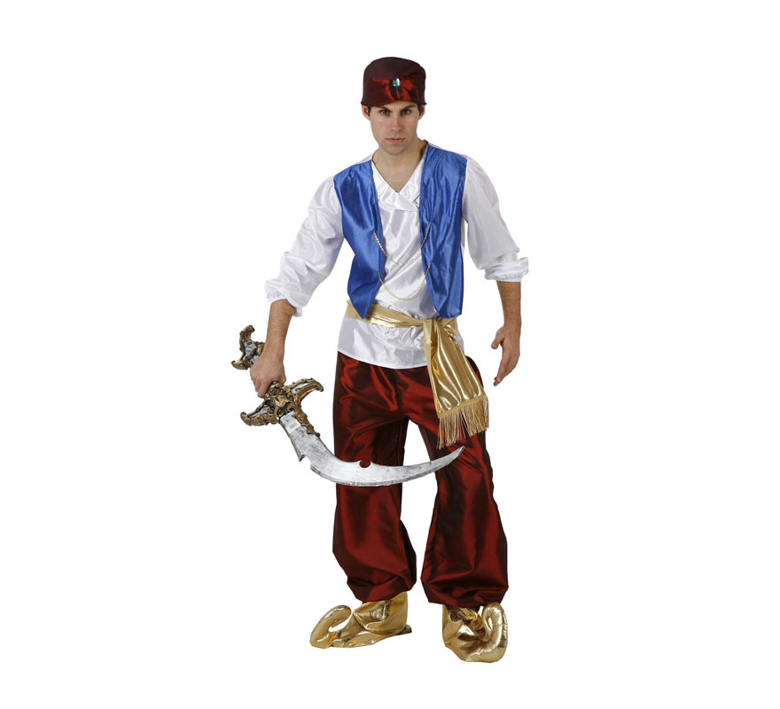 Disfraz de Príncipe Árabe granate para hombre. Talla 2 ó talla Standar M-L 52/54. Incluye camisa con chaleco, pantalón, fajín, babuchas y gorrito. Espada NO incluida, podrás verla en la sección de Complementos. Éste disfraz también valdría como Paje Real de los Reyes Magos para Navidad.