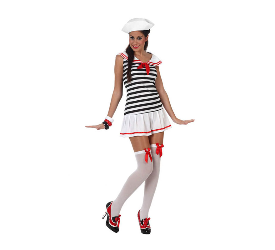 Disfraz de Marinera Sexy para mujer. Talla 3 ó talla XL = 44/48. Incluye vestido y gorro. Zapatos, medias y pulseras NO incluidas. Las medias y las pulseras las podrás ver en la sección de Complementos.