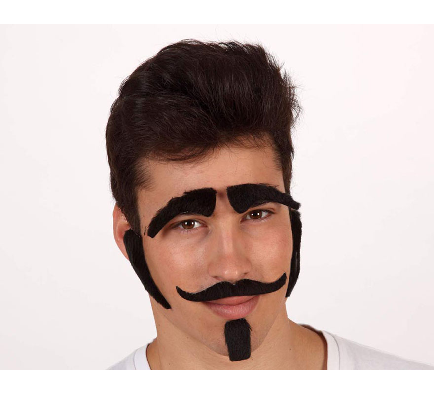 Set de cejas, bigote, patillas y perilla negra. Ideal para los disfraces de Caballero Medieval o Caballero del Oeste.