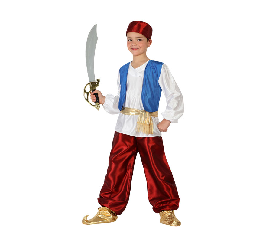 Disfraz de Príncipe Árabe granate para niños de 5 a 6 años. Incluye camisa con chaleco, pantalón, fajín, babuchas y gorrito. Espada NO incluida, podrás verla en la sección de Complementos. Éste disfraz también valdría como Paje Real de los Reyes Magos para Navidad.