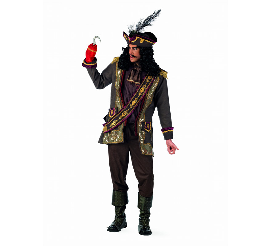 Disfraz de Capitán Garfio Extraluxe para hombre. Alta calidad, hecho en España. Disponible en varias tallas. Incluye chaqueta con pañuelo y banda, pantalón, cubrebotas, sombrero y garfio.