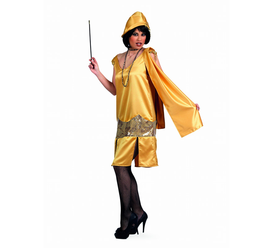 Disfraz de Charlestón Oro Superluxe para mujer. Alta calidad, hecho en España. Disponible en varias tallas. Incluye vestido y gorro. Boquilla, collar y medias No incluidas, podrás encontrarlos en nuestra sección de Complementos.