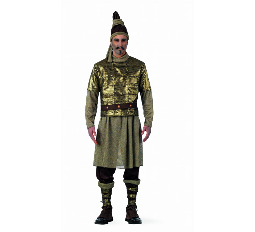 Disfraz de Guerrero de Xian Extraluxe para hombre. Alta calidad, hecho en España. Disponible en varias tallas. Incluye casaca, pantalón, falda, cinturón, coraza, polainas, y gorro.