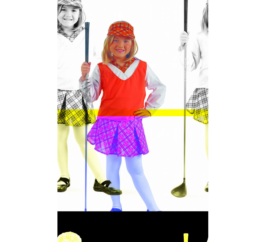 Disfraz de Jugadora de Golf Deluxe para niña. Alta calidad, hecho en España. Disponible en varias tallas. Incluye camisa con chaleco, falda y gorro. Palo de Golf y Medias NO incluidos.