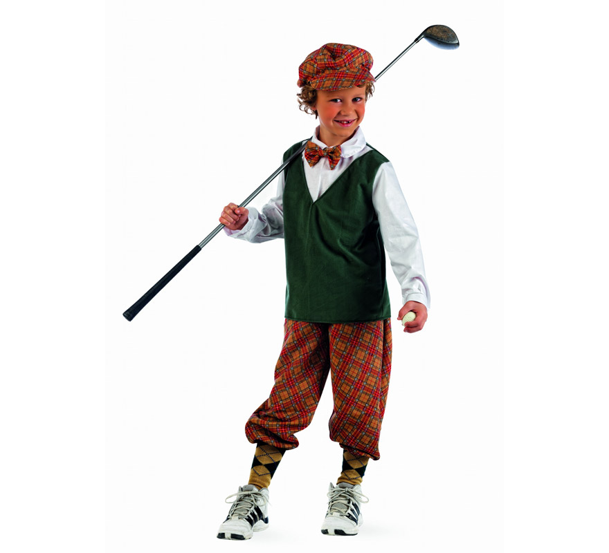 Disfraz de Jugador de Golf Deluxe para niño. Alta calidad, hecho en España. Disponible en varias tallas. Incluye camisa con chaleco, pantalón y gorro. Palo de Golf NO incluido.