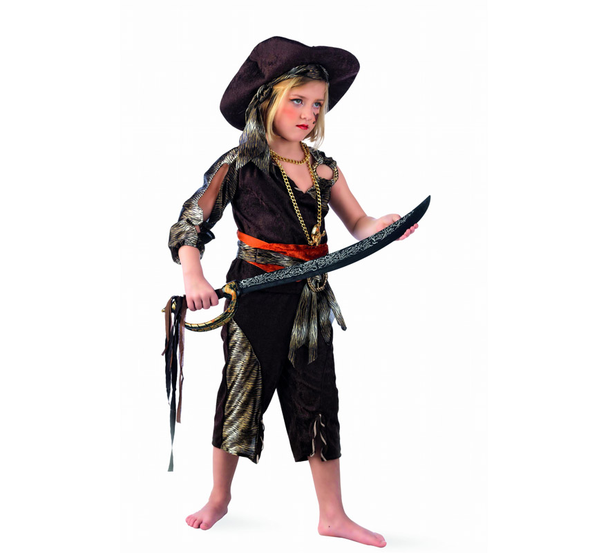 Disfraz de Pirata Aventurera Deluxe para niña. Alta calidad, hecho en España. Disponible en varias tallas. Incluye camisa, pantalón, fajín con cinturón y sombrero. Collar y espada NO incluidos, podrás encontrarla la Espada en nuestra sección de Complementos.