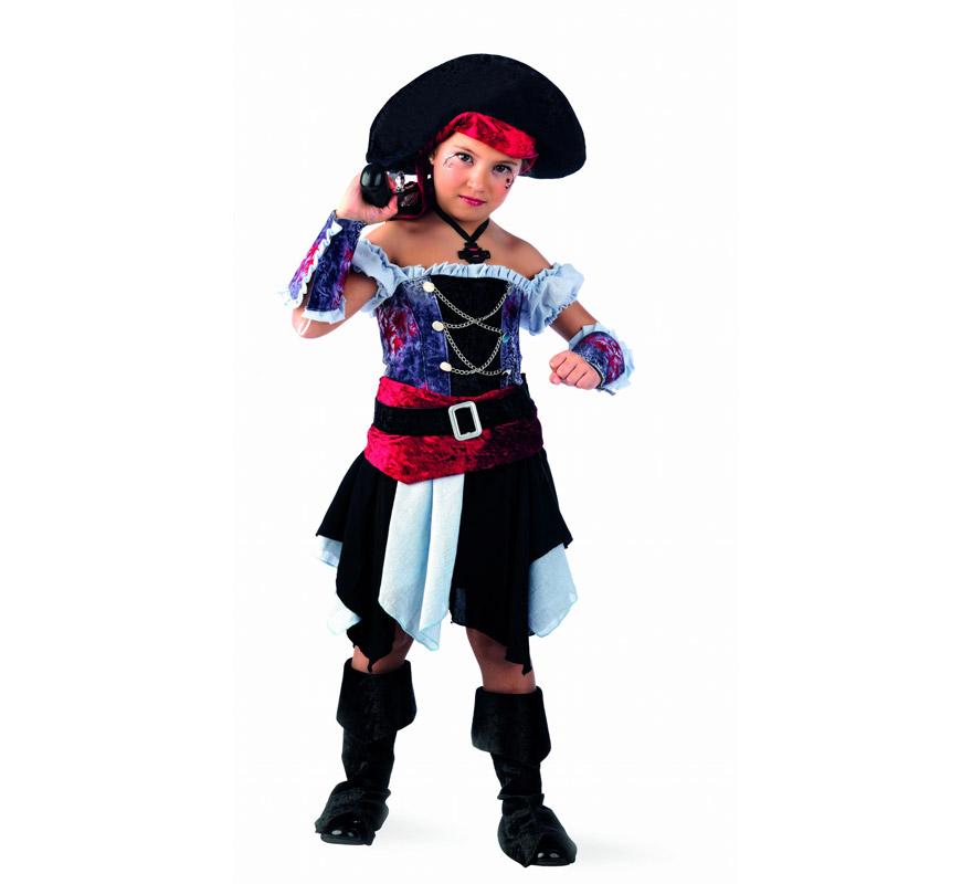 Disfraz de Pirata Corsaria Deluxe para niña. Alta calidad, hecho en España. Disponible en varias tallas. Incluye corpiño, falda, fajín con cinturón, sombrero, puños y cubrebotas. Trabuco No incluido, podrás encontrarlo en nuestra sección de Complementos,