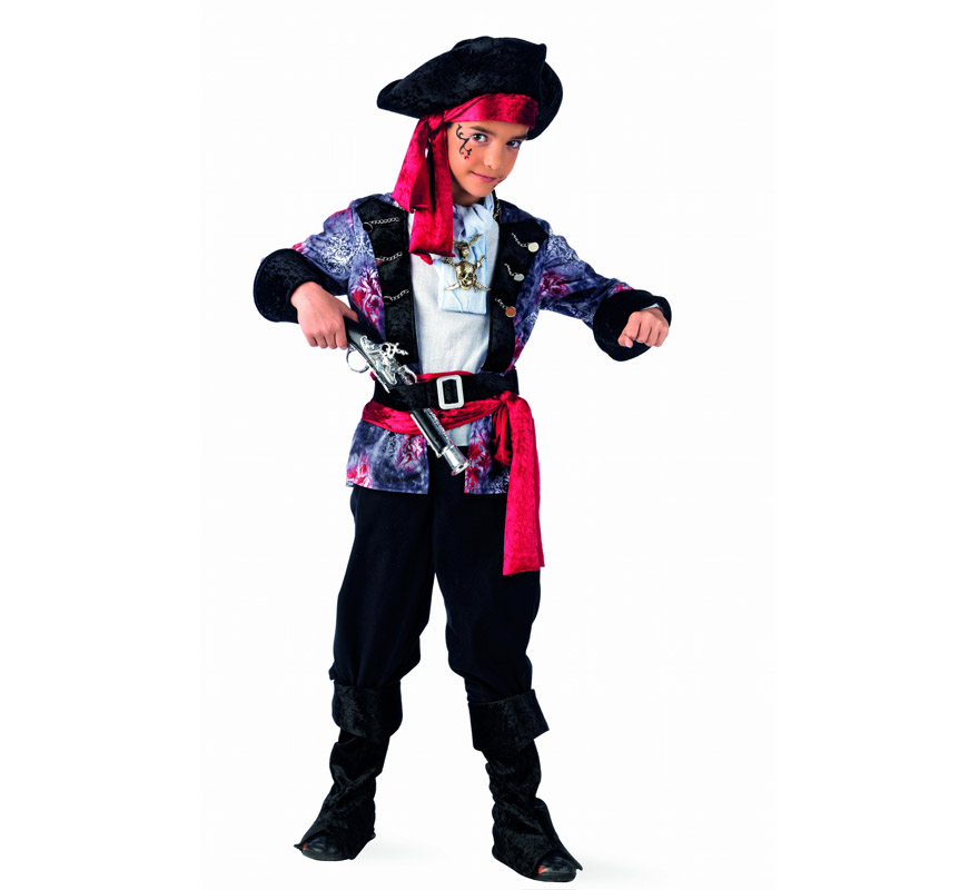Disfraz de Pirata Corsario Deluxe para niño. Alta calidad, hecho en España. Disponible en varias tallas. Incluye chaqueta con camisa, pantalón, fajín con cinturón y sombrero. Trabuco No incluido, podrás encontrarlo en nuestra sección de Complementos,