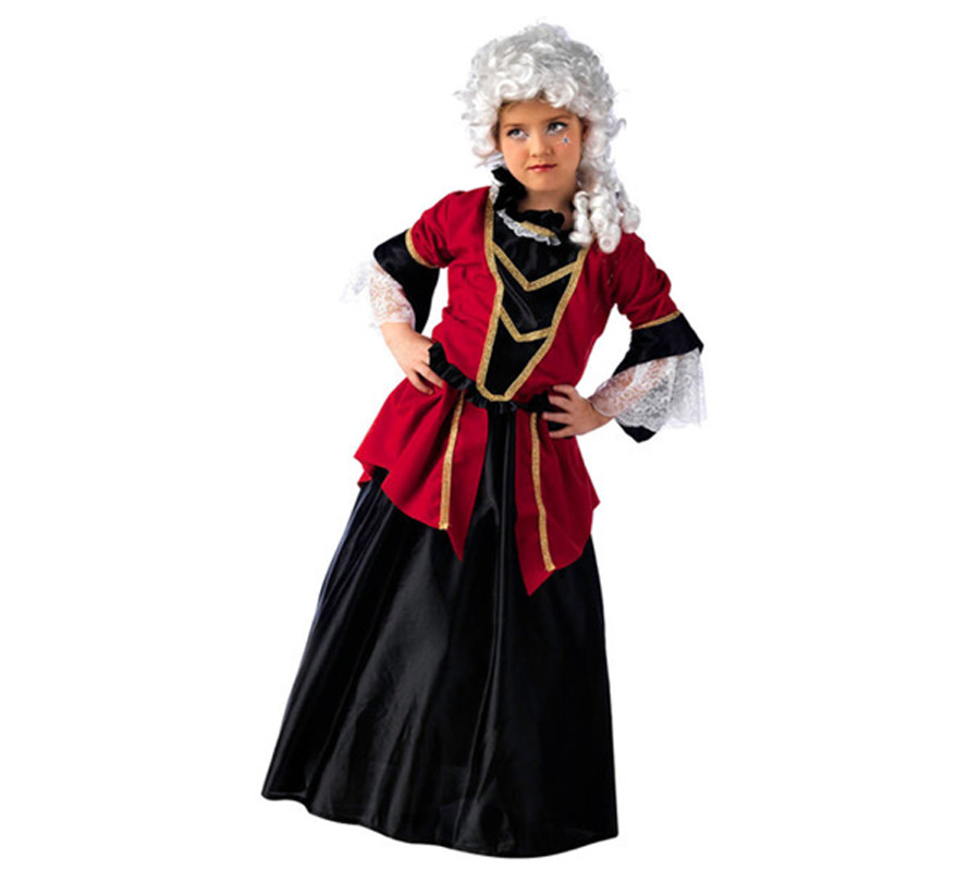 Disfraz de Dama de Época Deluxe para niña. Alta calidad, hecho en España. Disponible en varias tallas. Incluye chaqueta y falda. Peluca NO incluida, la referencia de la peluca es CM838LI.