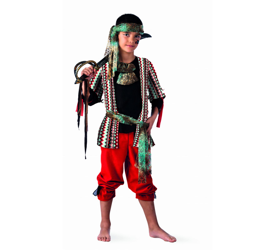 Disfraz de Pirata Malvado Deluxe para niño. Alta calidad, hecho en España. Disponible en varias tallas. icluye camisa con chaleco, pantalón, fajín y pañuelo. Espada NO incluida, podrás encontrarla en nuestra sección de Complementos.