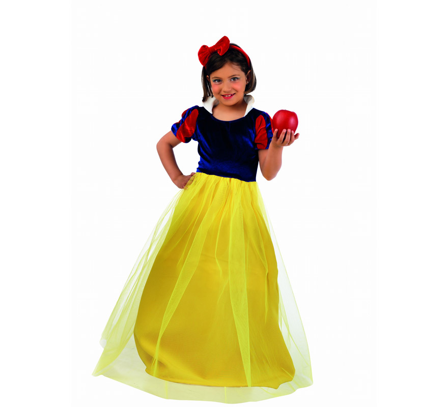 Disfraz de Blancanieves Deluxe para niña. Alta calidad, hecho en España. Disponible en varias tallas. Incluye vestido y diadema. Manzana NO incluida.