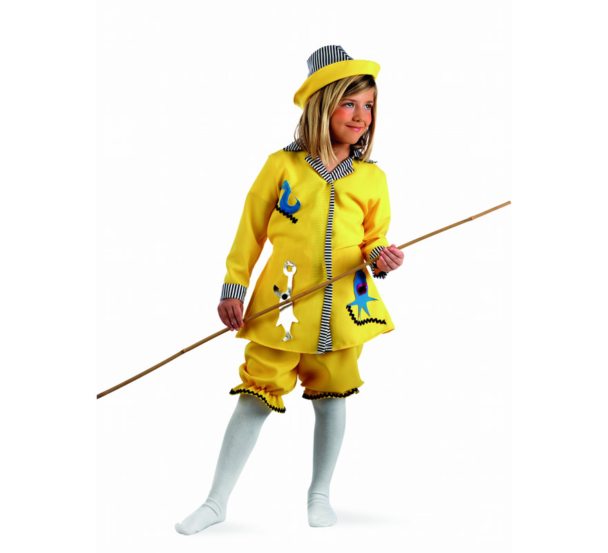 Disfraz de Pescadora Deluxe para niña. Alta calidad, hecho en España. Disponible en varias tallas. Incluye vestido, pololos y sombrero. Caña NO inlcuida.