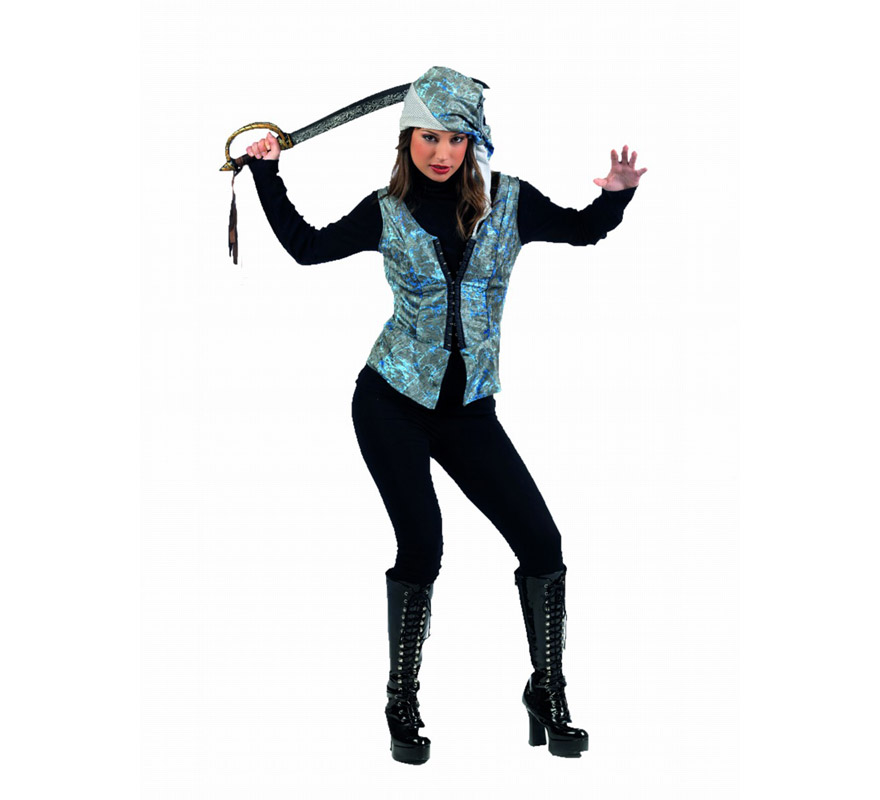 Chaleco y Gorro Pirata Deluxe para mujer. Alta calidad, hecho en España. Disponible en varias tallas. Incluye chaleco y gorro. Espada NO incluida, podrás encontrarla en nuestra sección de Complementos. Con éstos Complementos y tu imaginación, podrás hacerte tu propio disfraz de Pirata y así nadie irá como tú de original.