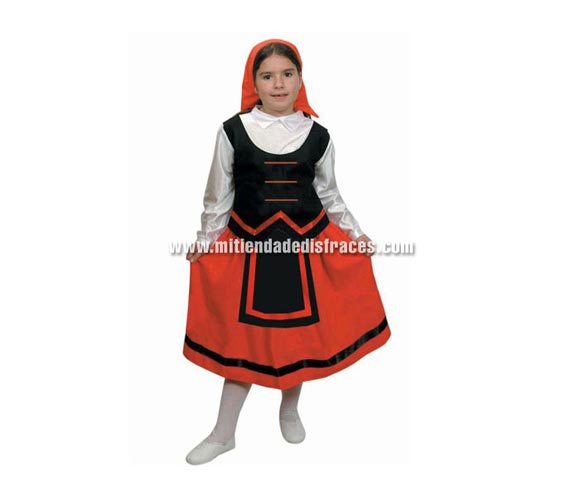 Disfraz de Pastora Rojo y Negro Económico talla de 7 a 9 años. Incluye pañuelo, corpiño con camisa y falda. 