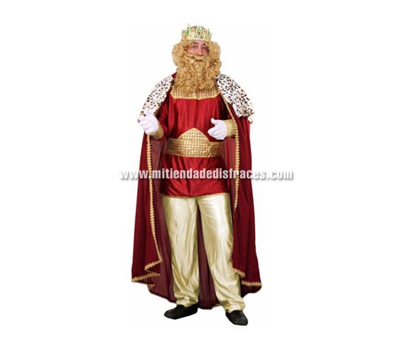 Traje de Rey Mago adulto rojo económico. Talla única 52/54. Incluye capa, blusón, pantalón y cinturón. No incluye corona, ni peluca, ni barba, podrás verlo todo en la sección de Complementos para Navidad. Ideal para Belén y Colegios.