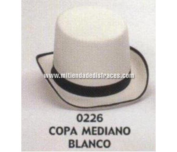 Sombrero de Copa mediano blanco. Buena calidad, fabricado artesanalmente en España. Posibilidad de ajuste de precio para grupos. Chistera mediana blanca.