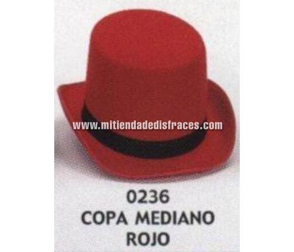 Sombrero de Copa mediano rojo. Buena calidad, fabricado artesanalmente en España. Posibilidad de ajuste de precio para grupos. Chistera mediana roja.