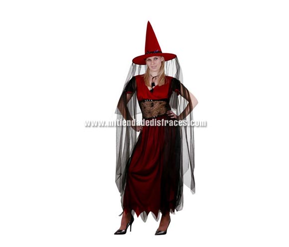 Disfraz de Bruja Granate Adulta Económico. Talla única 42/44. Incluye sombrero, vestido y gargantilla.