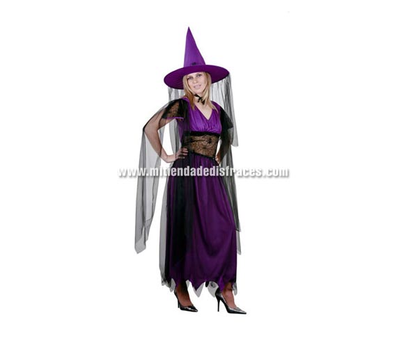 Disfraz de Bruja Morada Adulta Económico. Talla única 42/44. Incluye sombrero, vestido y gargantilla.