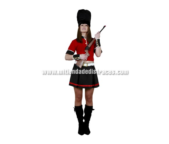 Disfraz de Guardia Inglesa adulta. Talla única 40/42. Incluye sombrero, chaqueta, cinturón, falda y muñequeras. Rifle NO incluido. Disfraz de Soldado Inglés Sexy para mujer.