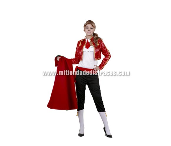 Disfraz de Torera sexy adulta económico. Talla única 38/42. Incluye cuello, top, chaqueta, fajín y pantalón. Capote NO incluido, podrás verlos en la sección complementos.