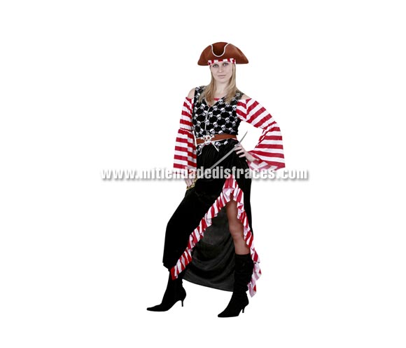 Disfraz de Pirata Roja adulta. Talla única 40/44. Incluye sombrero, vestido, chaleco, cinturón y cubrebotas. Un disfraz de Pirata novedoso y diferente para mujer.