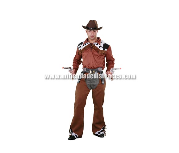 Disfraz de Vaquero adulto. Talla única 52/54. Incluye camisa, cinturón y zahones. Pistolas, cartucheras y sombrero NO incluidos, podrás ver todos éstos artículos en la sección de Complementos. Disfraz de Vaquero para hombre talla Universal.