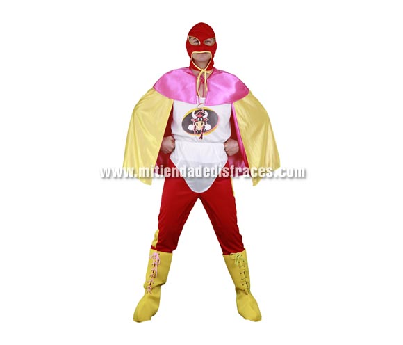 Disfraz de Superhéroe Spanish adulto. Talla única 52/54. Incluye capucha, camiseta, calzoncillo, pantalones, cubrebotas y capa. Disfraz ideal para Despedidas de Soltero.