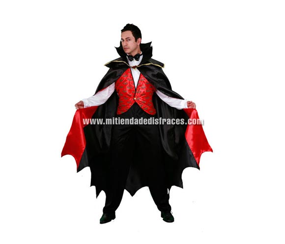 Disfraz de Vampiro Adulto Económico. Talla única 52/54. Incluye chaleco, pantalón, pajarita y capa. 