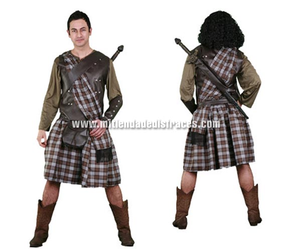 Disfraz de Guerrero Escocés adulto barato. Disfraz de Braveheart. Talla única 52/54. Incluye camisa, falda, manto, coraza, bandolera, muñequeras y cinturón-bolsa. Peluca y espada NO incluidas, podrás verlas en la sección Complementos. Botas NO incluidas. Un disfraz Medieval de Guerrero para hombre.