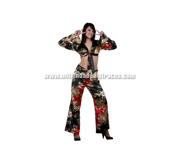 Disfraz de Hippie adulta. Talla única 40/44. Incluye blusa y pantalón. En la sección de Complementos, podrás ver muchos artículos o Coplementos para los disfraces de Hippie. Paz y Amor.