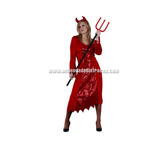 Disfraz de Diablesa Adulta Económico. Talla única 40/44. Incluye diadema y vestido con rabo. Tridente NO incluido.